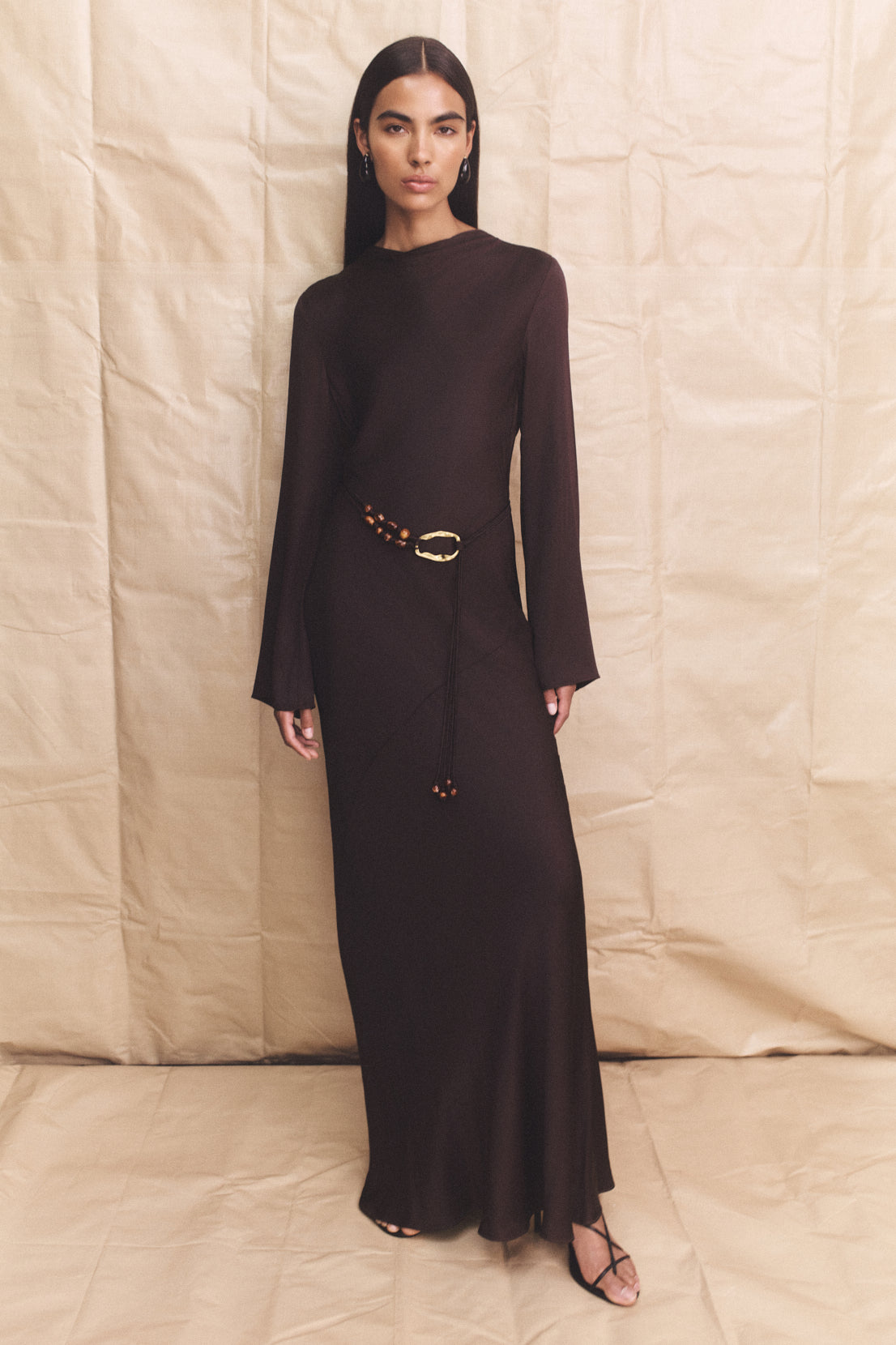 Agnes Long Sleeve Maxi Dress With Belt | Espresso | Dresses