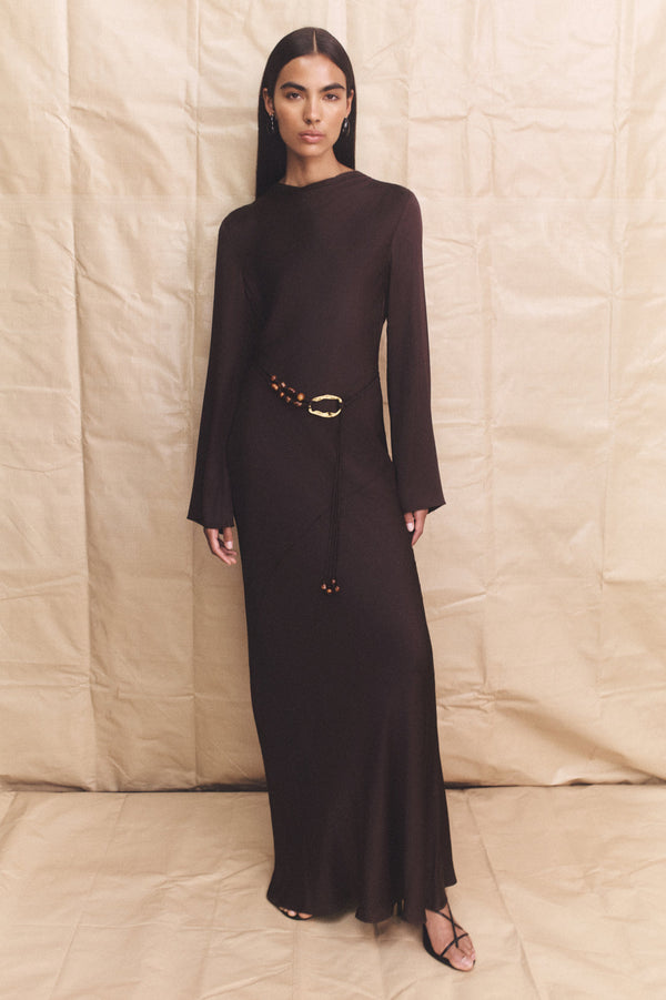 AGNES LONG SLEEVE MAXI DRESS WITH BELT - ESPRESSO