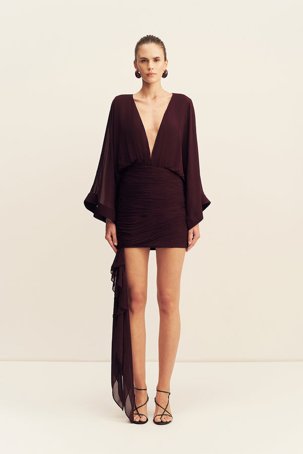AMINA LONG SLEEVE PLUNGED MINI DRESS - WINE TASTING_F