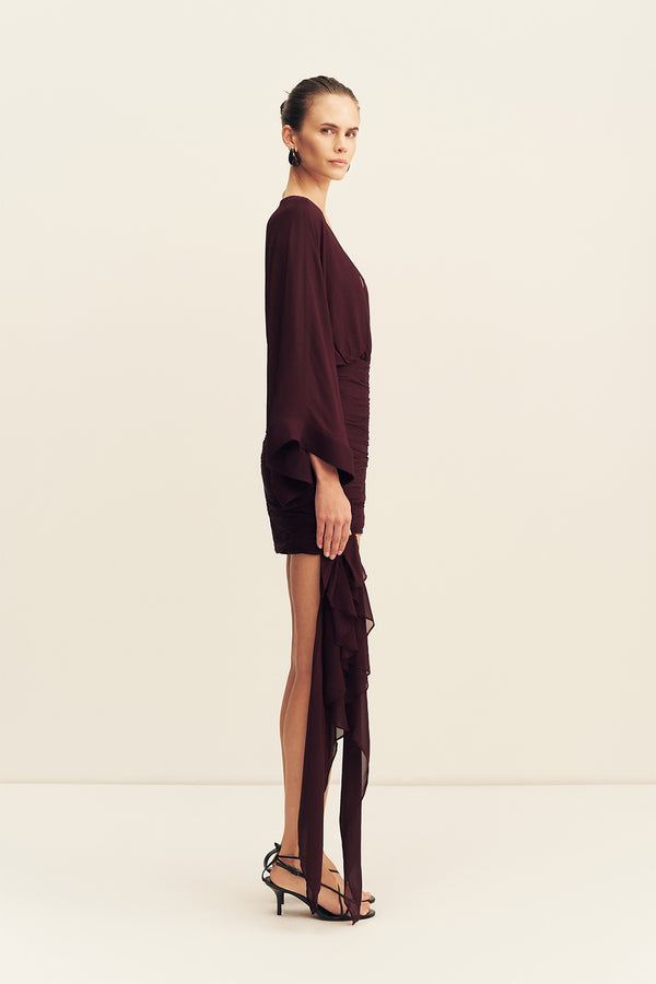 AMINA LONG SLEEVE PLUNGED MINI DRESS - WINE TASTING