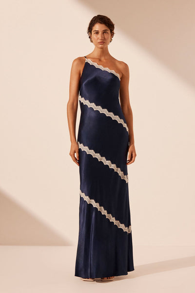 CAMILLE LACE ASYMMETRICAL MAXI DRESS | DEEP MIDNIGHT/IVORY