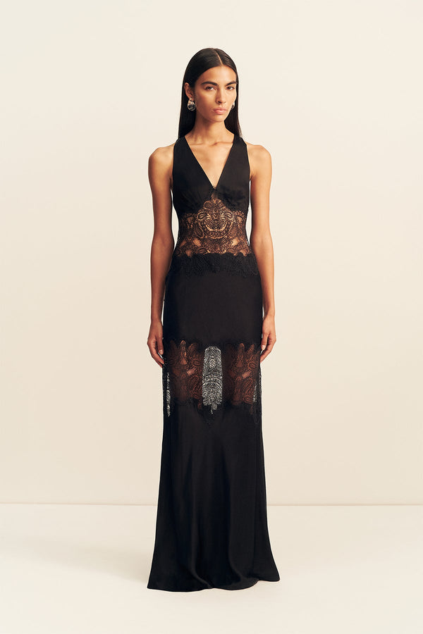 JAMILA PLUNGED LACE PANELLED MAXI DRESS - BLACK_F