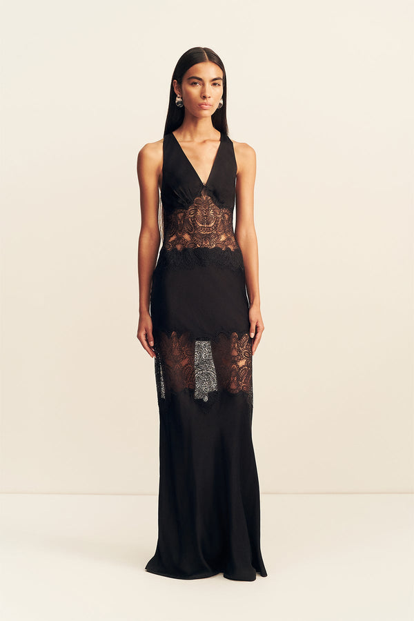 JAMILA PLUNGED LACE PANELLED MAXI DRESS - BLACK
