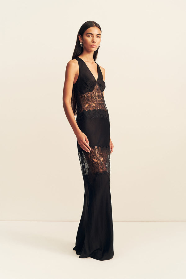 JAMILA PLUNGED LACE PANELLED MAXI DRESS - BLACK