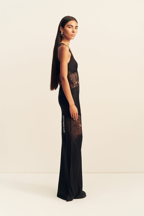 JAMILA PLUNGED LACE PANELLED MAXI DRESS - BLACK