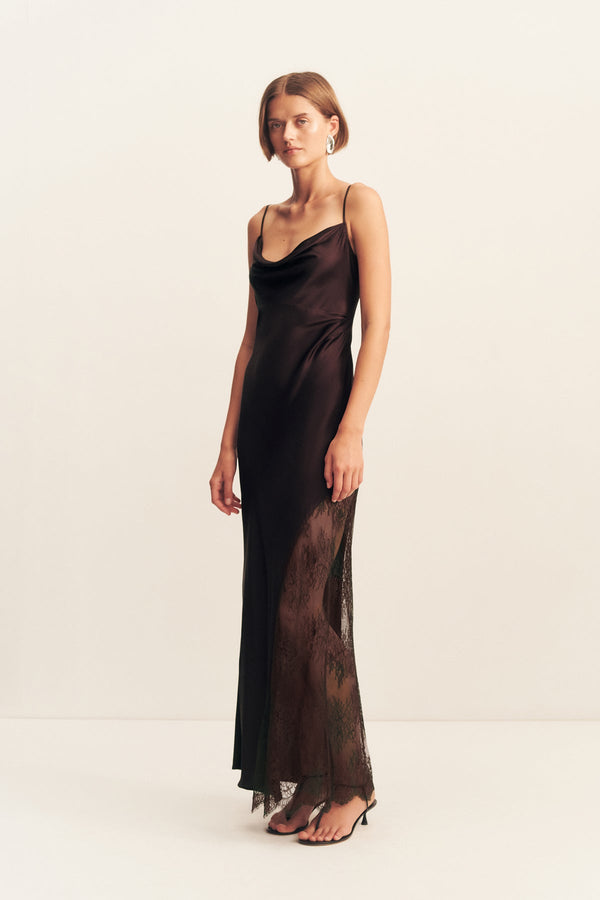 ALLEGRA COWL LACE PANELLED MAXI DRESS - ESPRESSO
