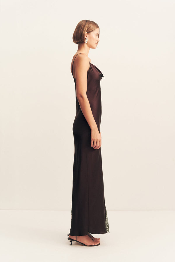 ALLEGRA COWL LACE PANELLED MAXI DRESS - ESPRESSO