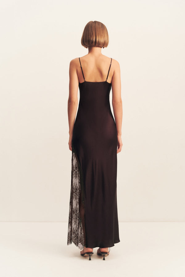 ALLEGRA COWL LACE PANELLED MAXI DRESS - ESPRESSO