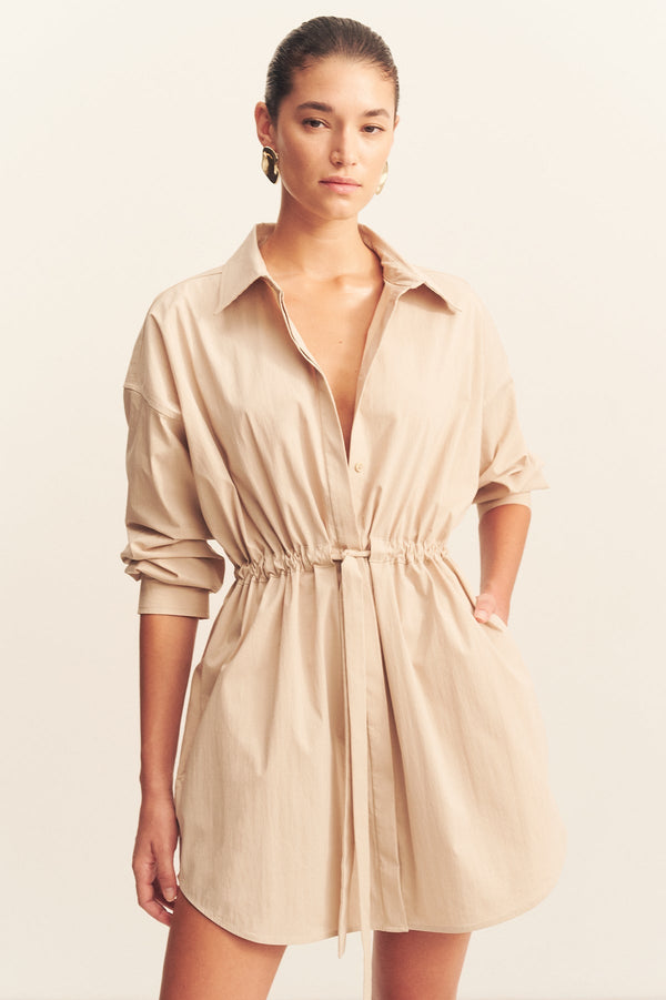 CAMPBELL DRAWSTRING SHIRT DRESS - OAT MILK
