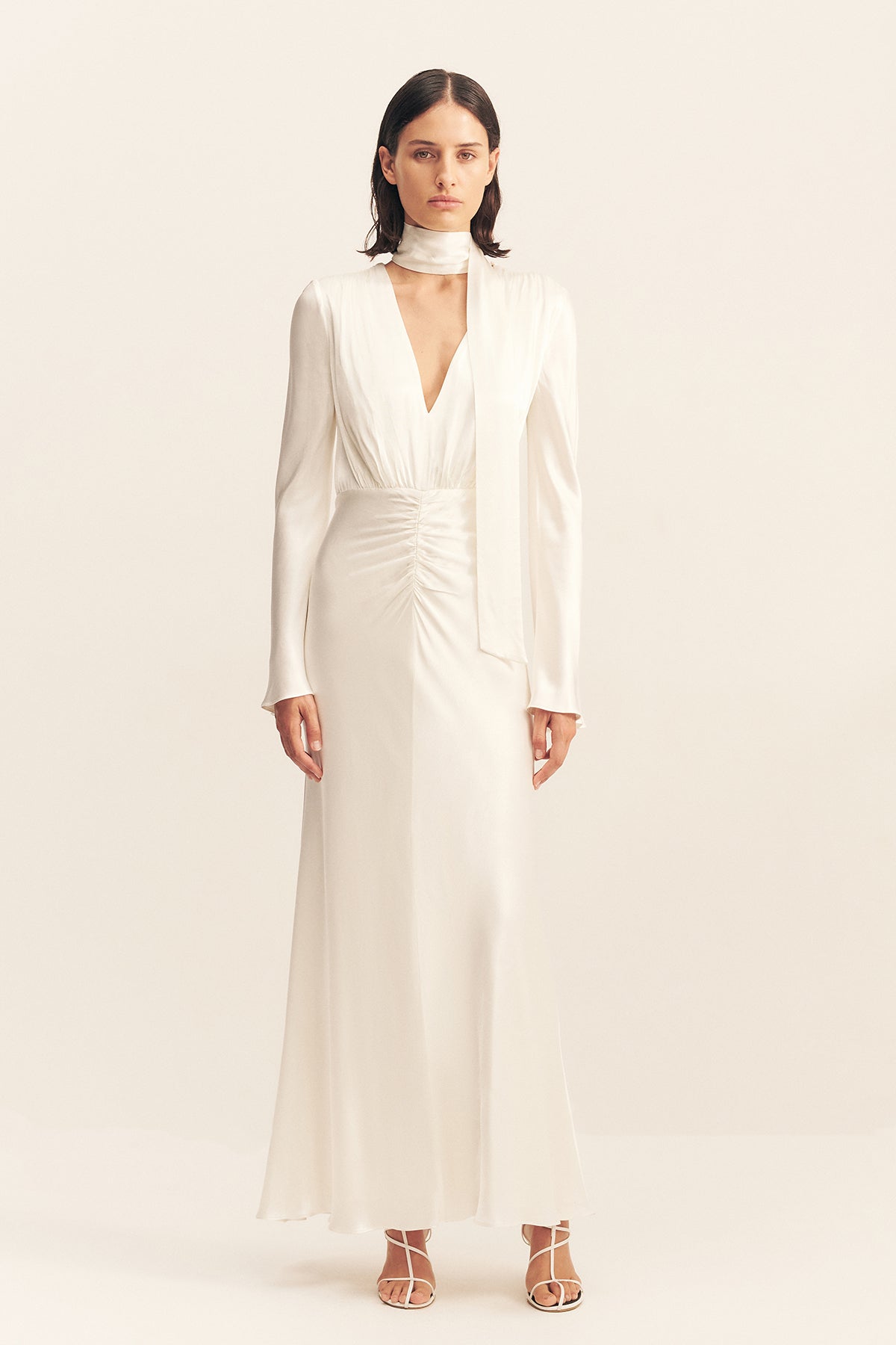 La Lune Plunged Long Sleeve Maxi Dress | White | Dresses | Shona