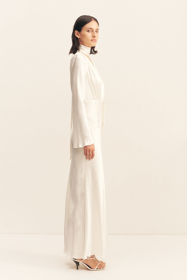 LA LUNE PLUNGED LONG SLEEVE MAXI DRESS - WHITE