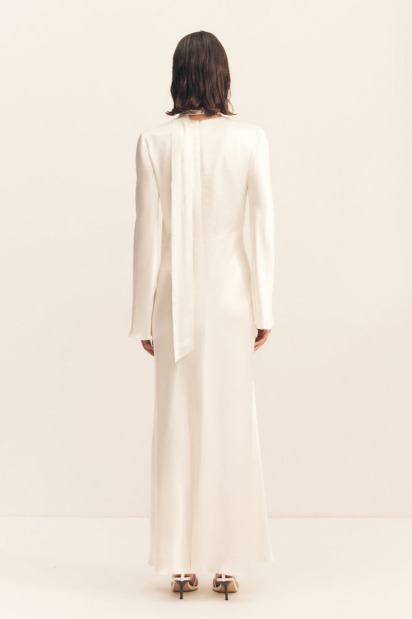 LA LUNE PLUNGED LONG SLEEVE MAXI DRESS - WHITE