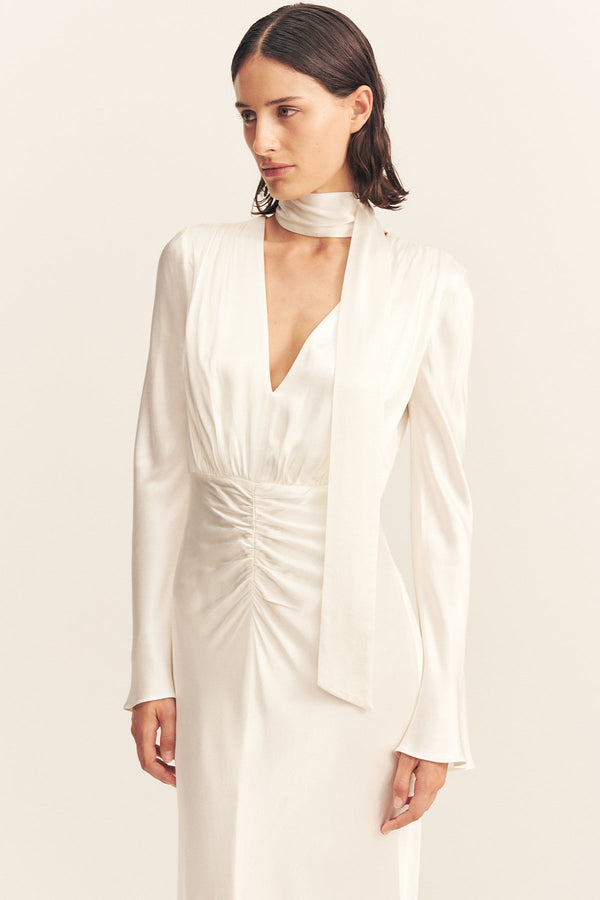 LA LUNE PLUNGED LONG SLEEVE MAXI DRESS - WHITE