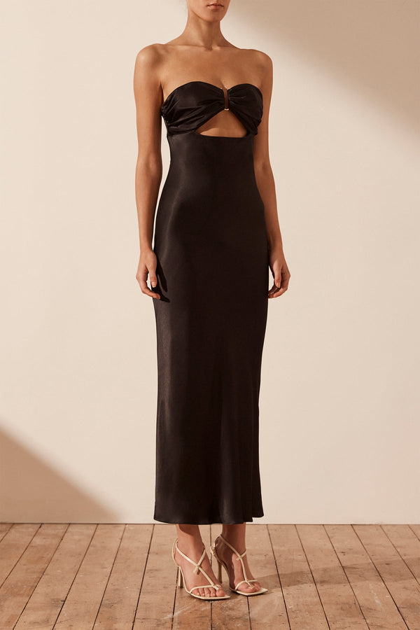 Cut-out strapless midi dress with buckles