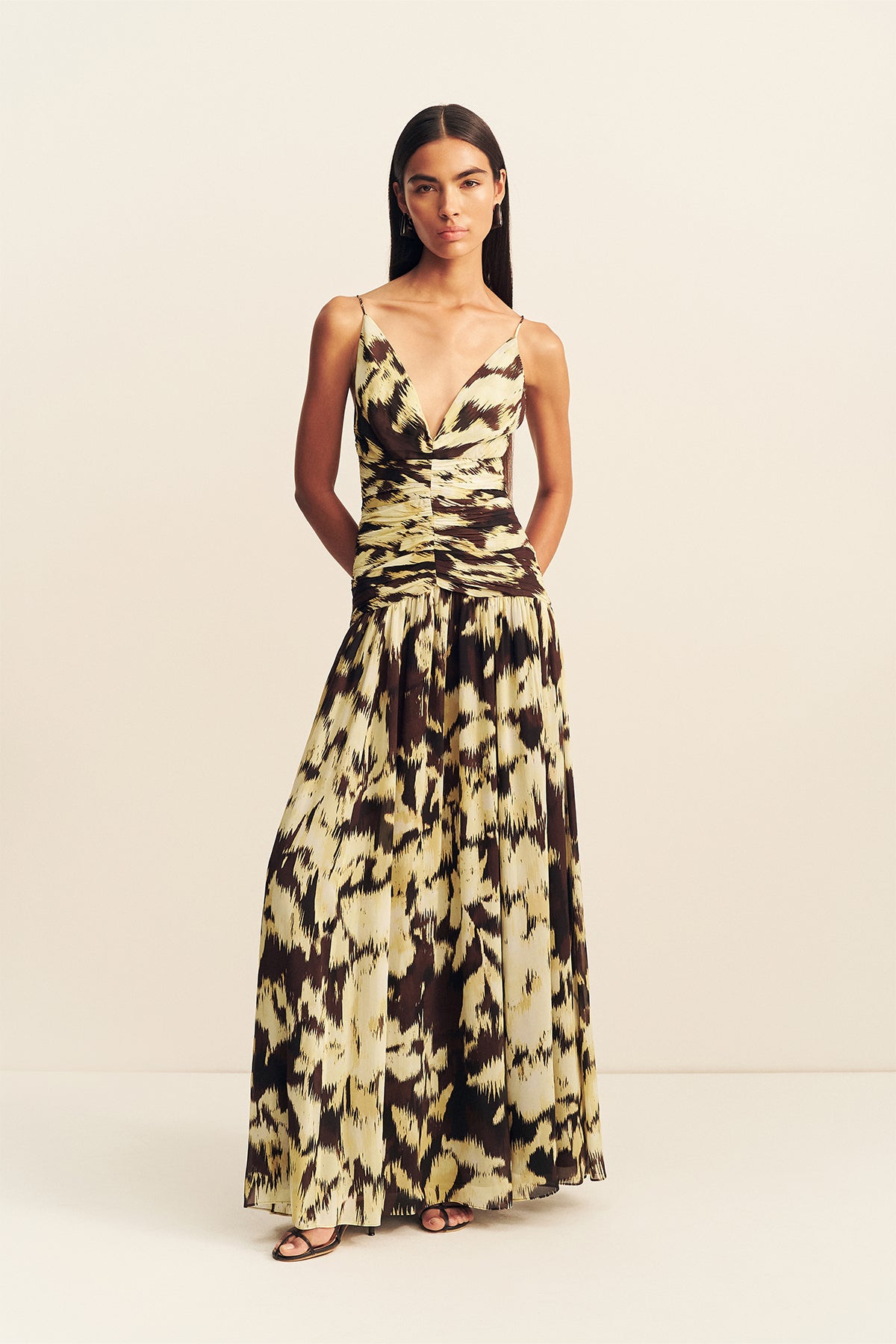 Benny Plunged Gathered Maxi Dress | Ristretto/Butter | Dresses
