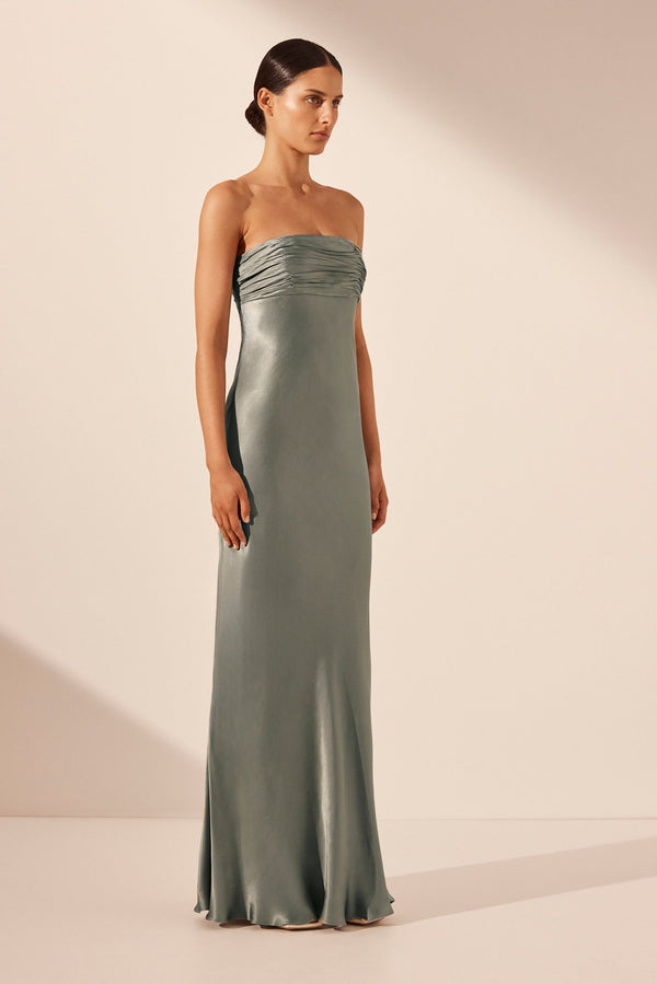 LA LUNE STRAPLESS RUCHED BODICE MAXI DRESS - SAGE_A
