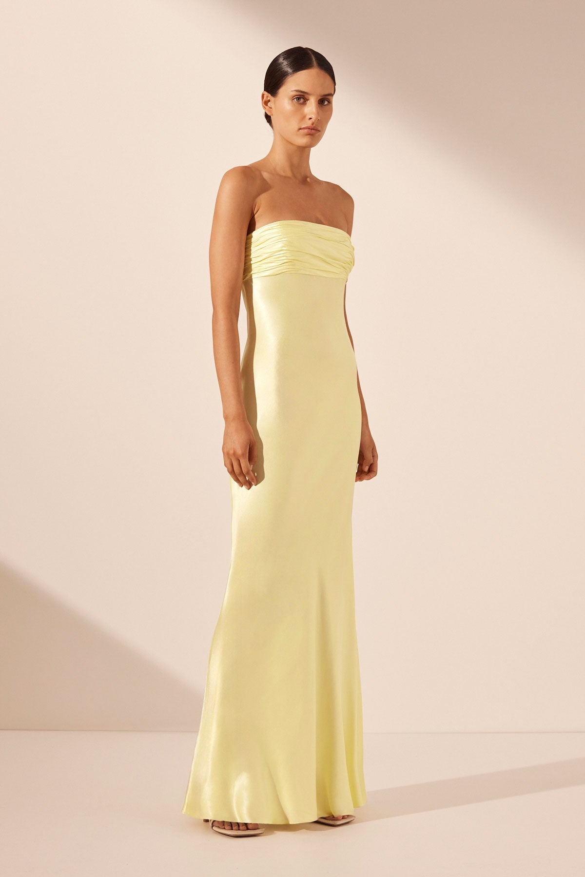 La Lune Strapless Ruched Bodice Maxi Dress | Lemon | Dresses | Shona Joy