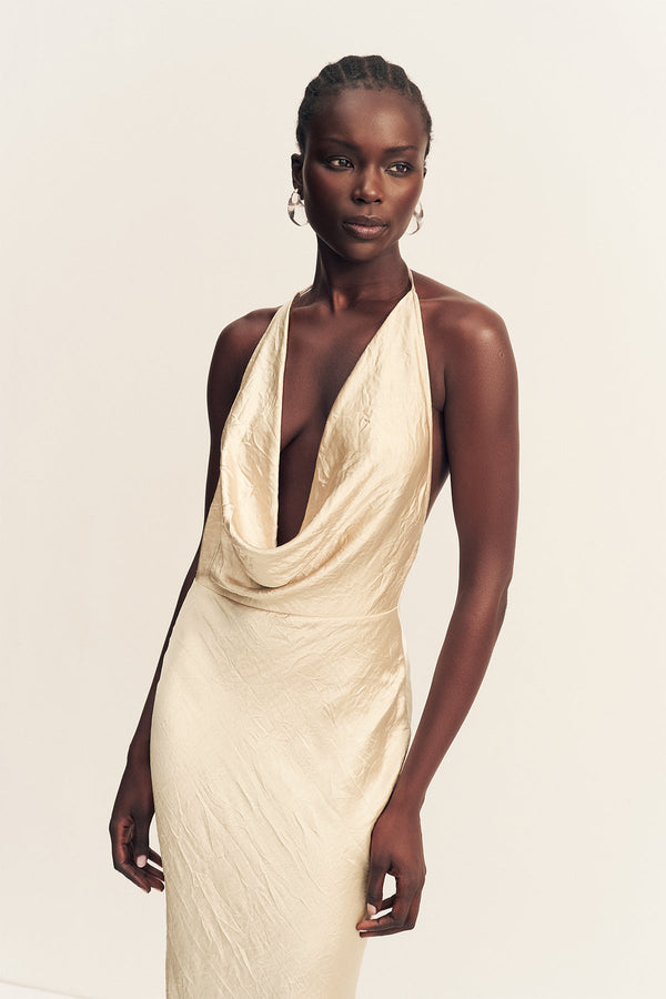 champagne strappy slinky cowl maxi dress Shona Joy Andie Low Cowl Maxi Dress in Metallic Neutral