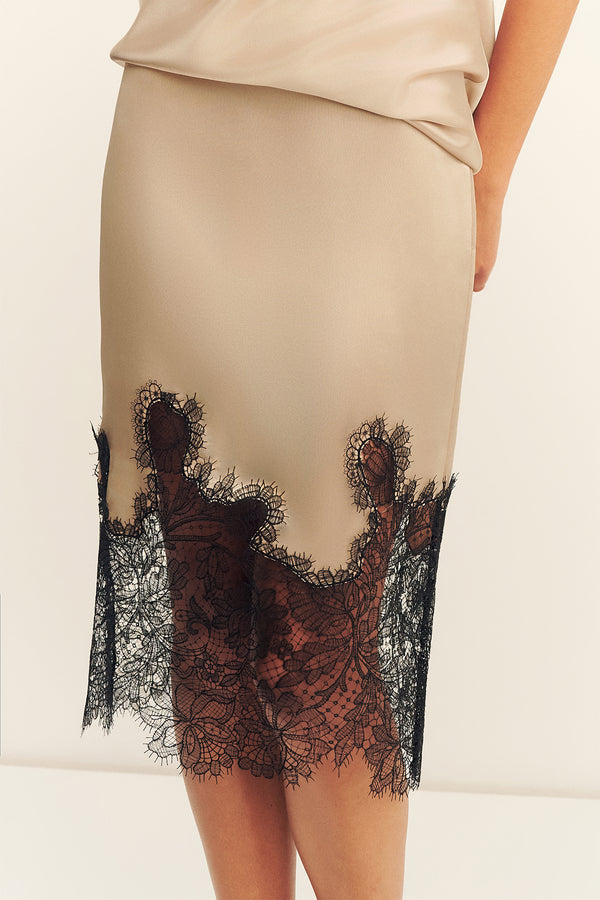 LUCIA LACE MIDI SKIRT - CHAMPAGNE/BLACK