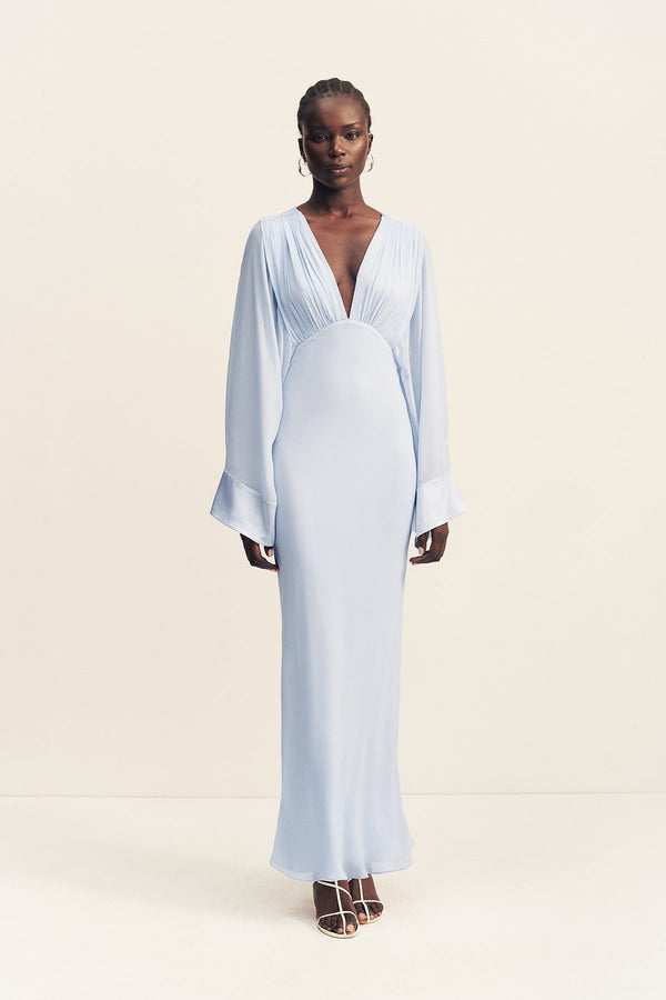 EDIE FLARED SLEEVE MAXI DRESS WITH SCARF - ARCADIAN BLUE