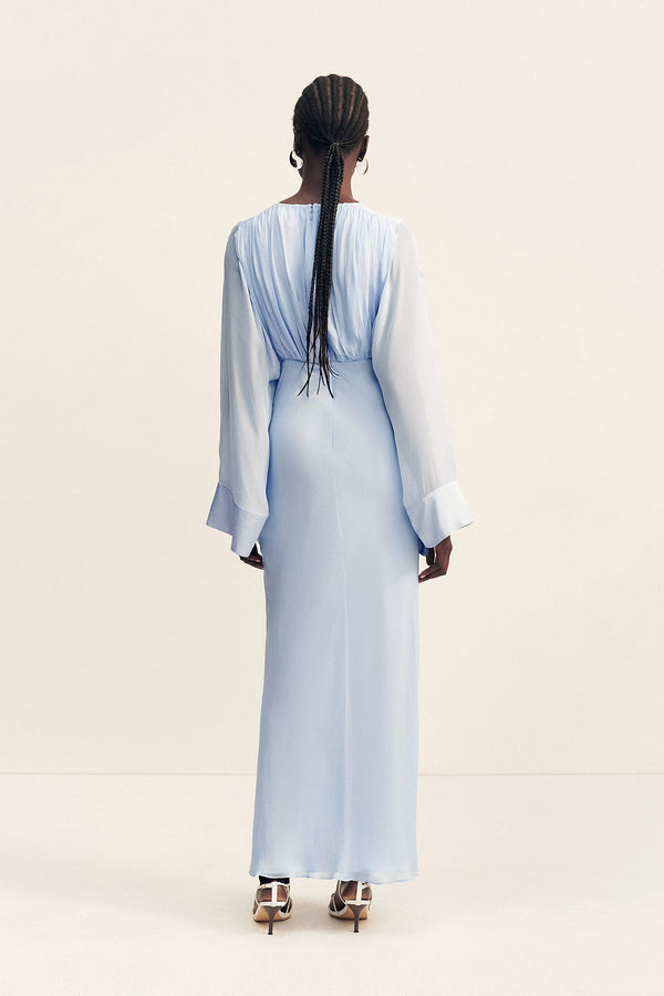 EDIE FLARED SLEEVE MAXI DRESS WITH SCARF - ARCADIAN BLUE
