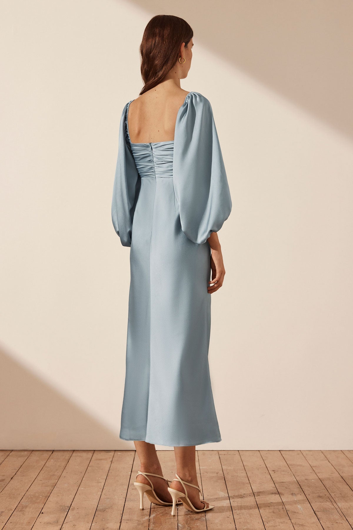 Luxe Ruched Bodice Long Sleeve Midi Dress, Azure