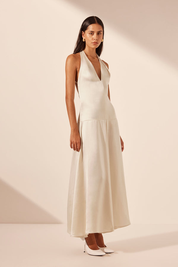 SAVANNA HALTER OPEN BACK MAXI DRESS - PEARL_A