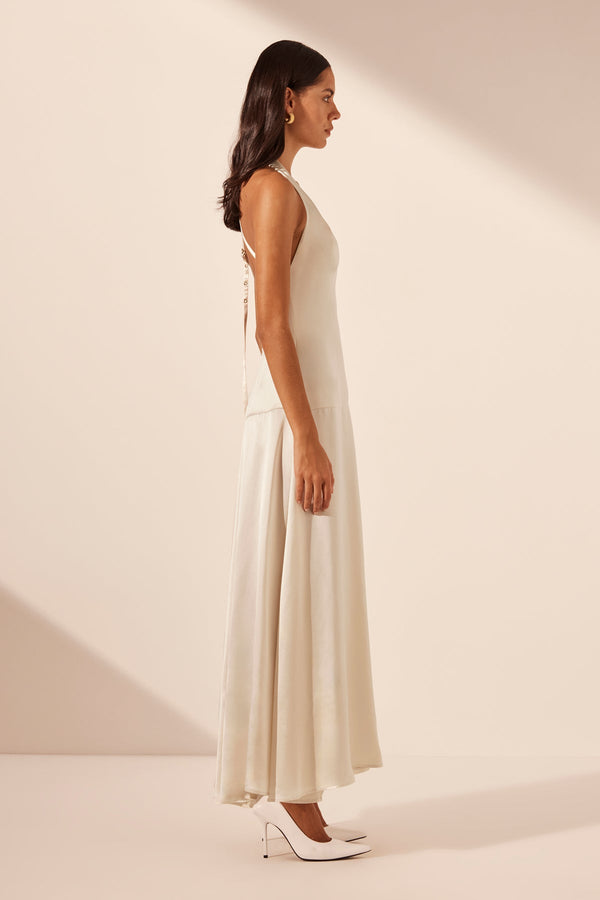SAVANNA HALTER OPEN BACK MAXI DRESS - PEARL_S