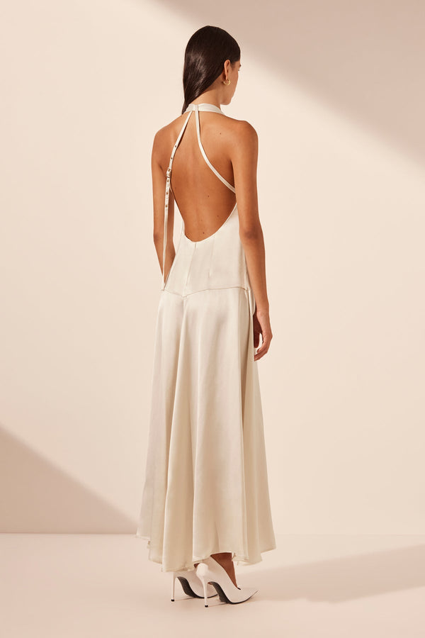 SAVANNA HALTER OPEN BACK MAXI DRESS - PEARL_B