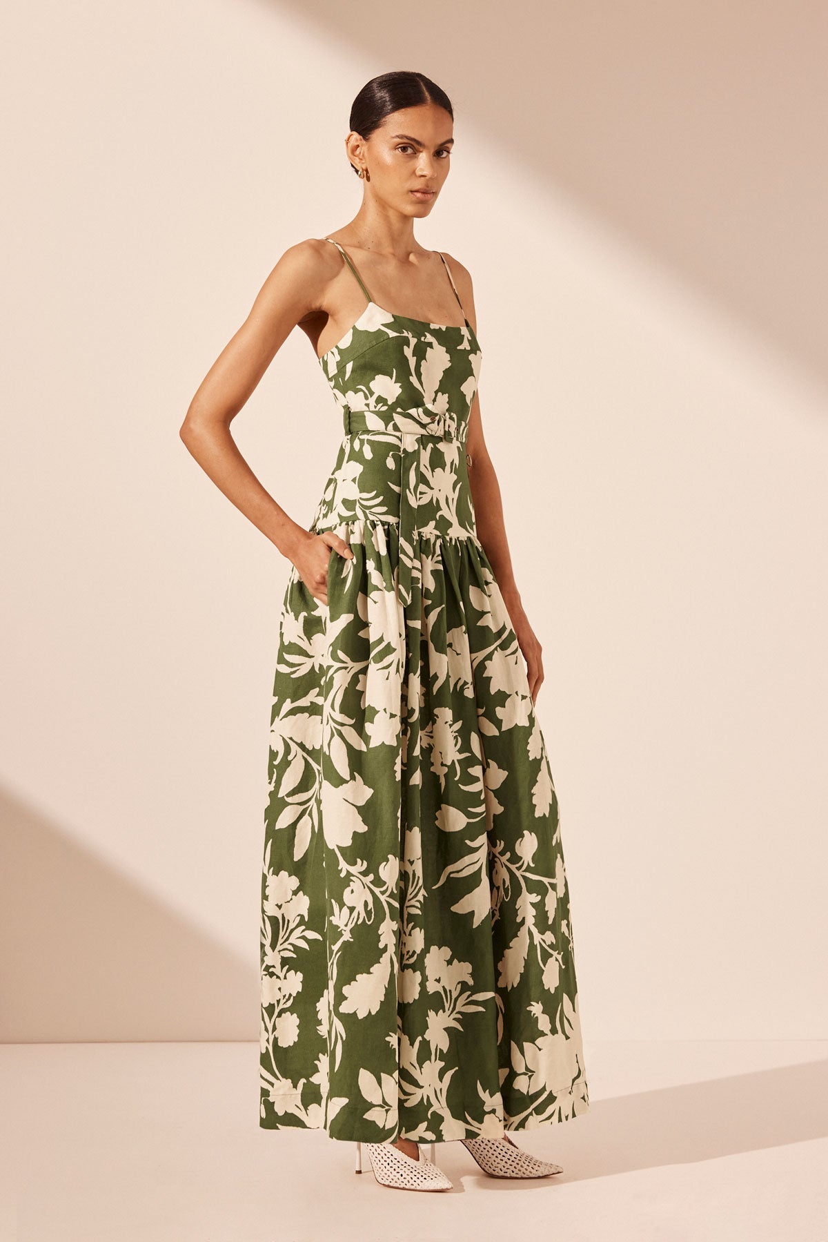 Renee Gathered Maxi Dress, Pesto/ Ivory, Dresses