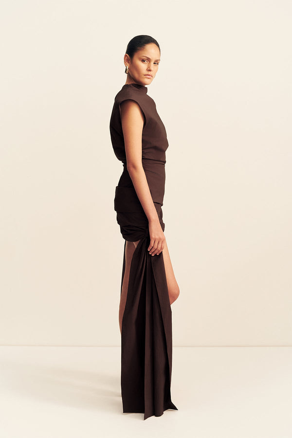 CAMPBELL DRAPED TIE MINI DRESS - RISTRETTO