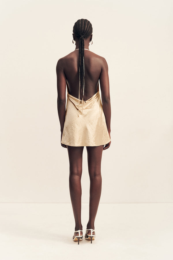 amalea mini dress champagne Shona Joy Andie Low Cowl Mini Dress in Metallic Neutral