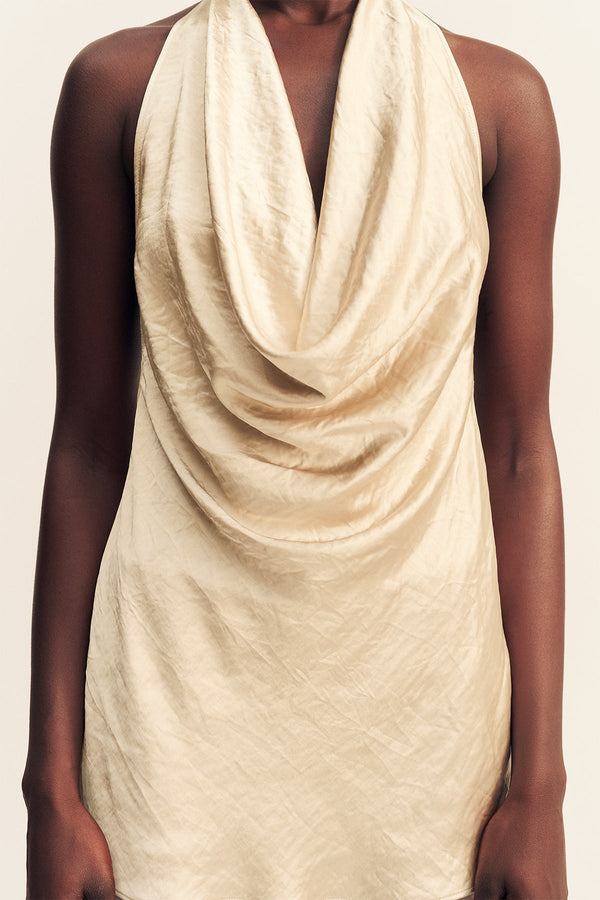 norman mini dress champagne Shona Joy Andie Low Cowl Mini Dress in Metallic Neutral