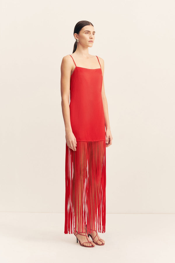 MORAYA SQUARE NECK FRINGE MAXI DRESS - CHILLI