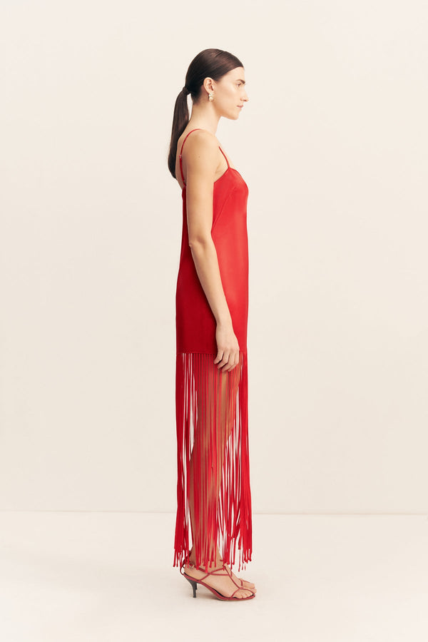 MORAYA SQUARE NECK FRINGE MAXI DRESS - CHILLI