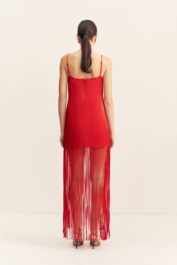 MORAYA SQUARE NECK FRINGE MAXI DRESS - CHILLI