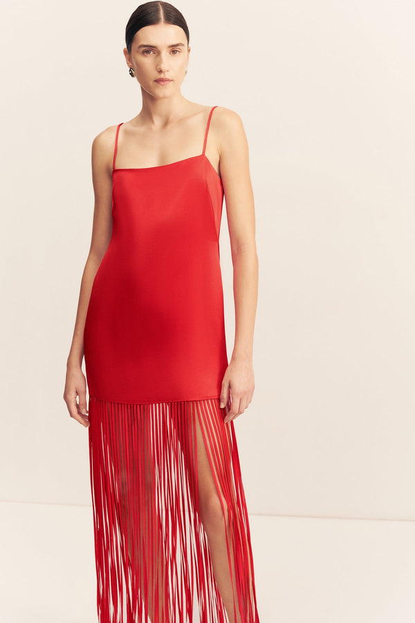MORAYA SQUARE NECK FRINGE MAXI DRESS - CHILLI