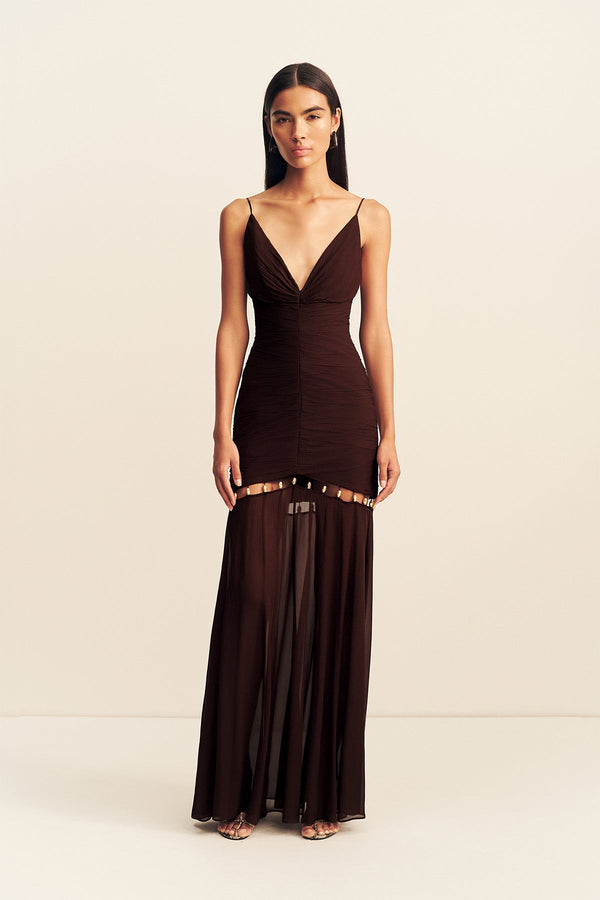 EMILIE GATHERED MAXI DRESS WITH BEADS - RISTRETTO_F