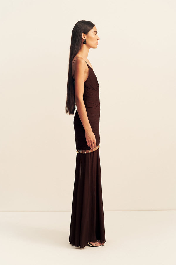 EMILIE GATHERED MAXI DRESS WITH BEADS - RISTRETTO