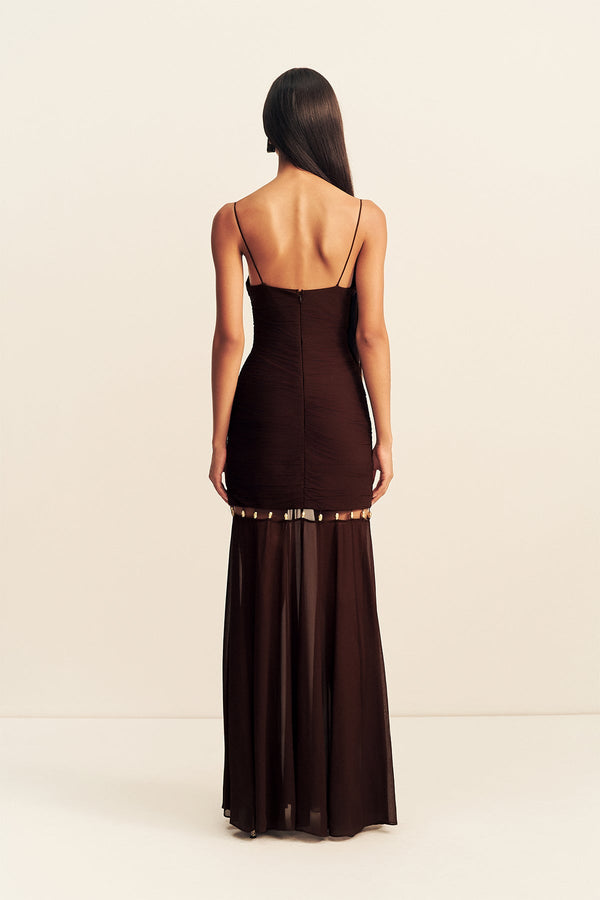 EMILIE GATHERED MAXI DRESS WITH BEADS - RISTRETTO