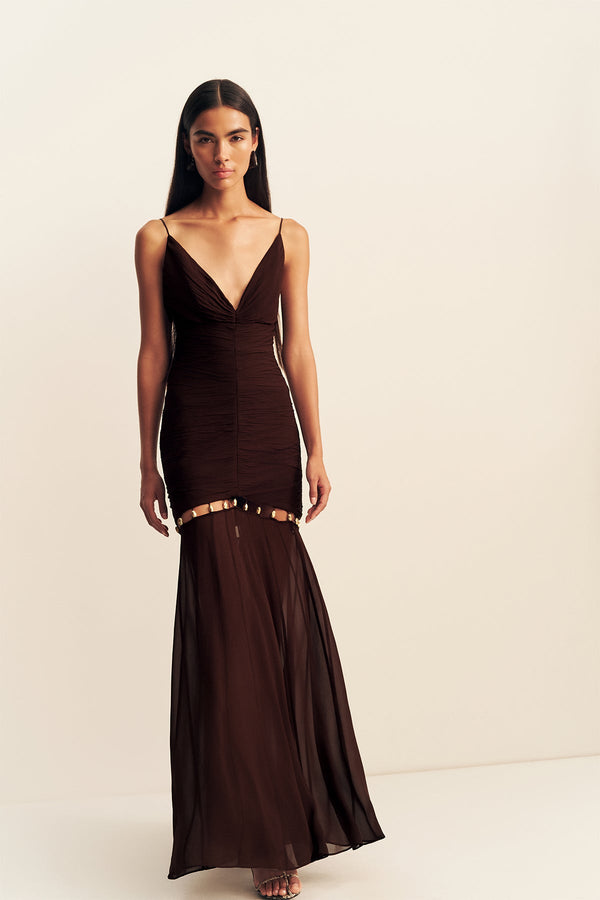 EMILIE GATHERED MAXI DRESS WITH BEADS - RISTRETTO
