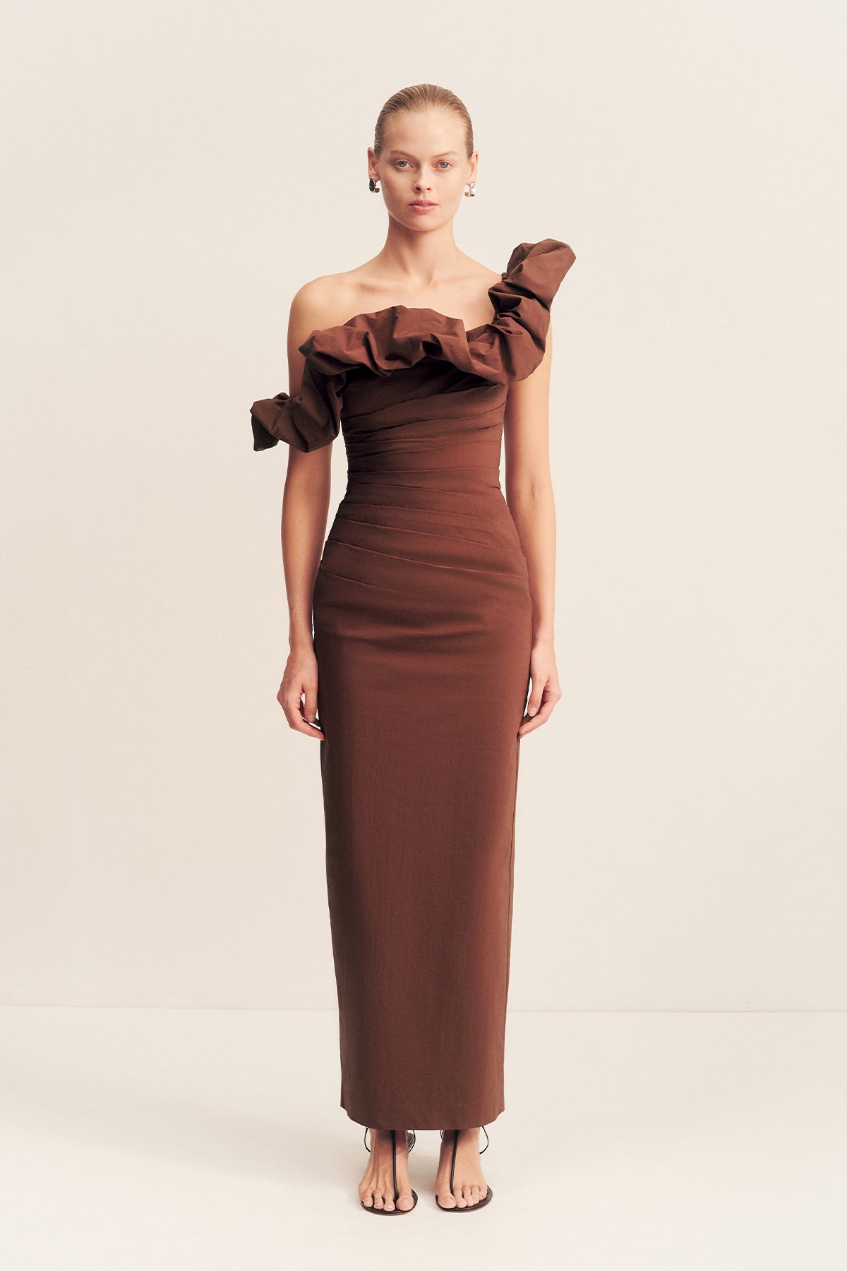 Campbell Ruffle Draped Maxi Dress | Espresso | Dresses | Shona Joy