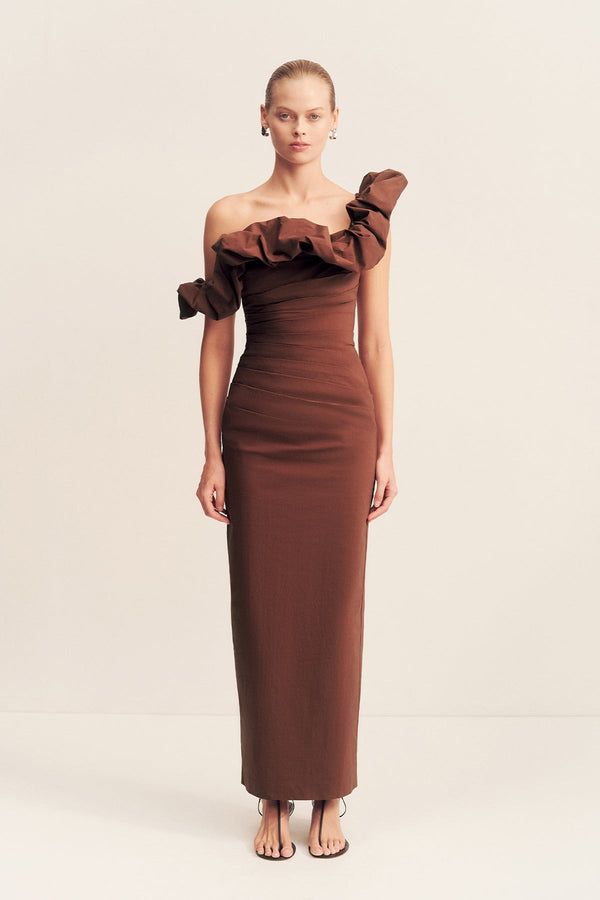 CAMPBELL RUFFLE DRAPED MAXI DRESS - ESPRESSO_F