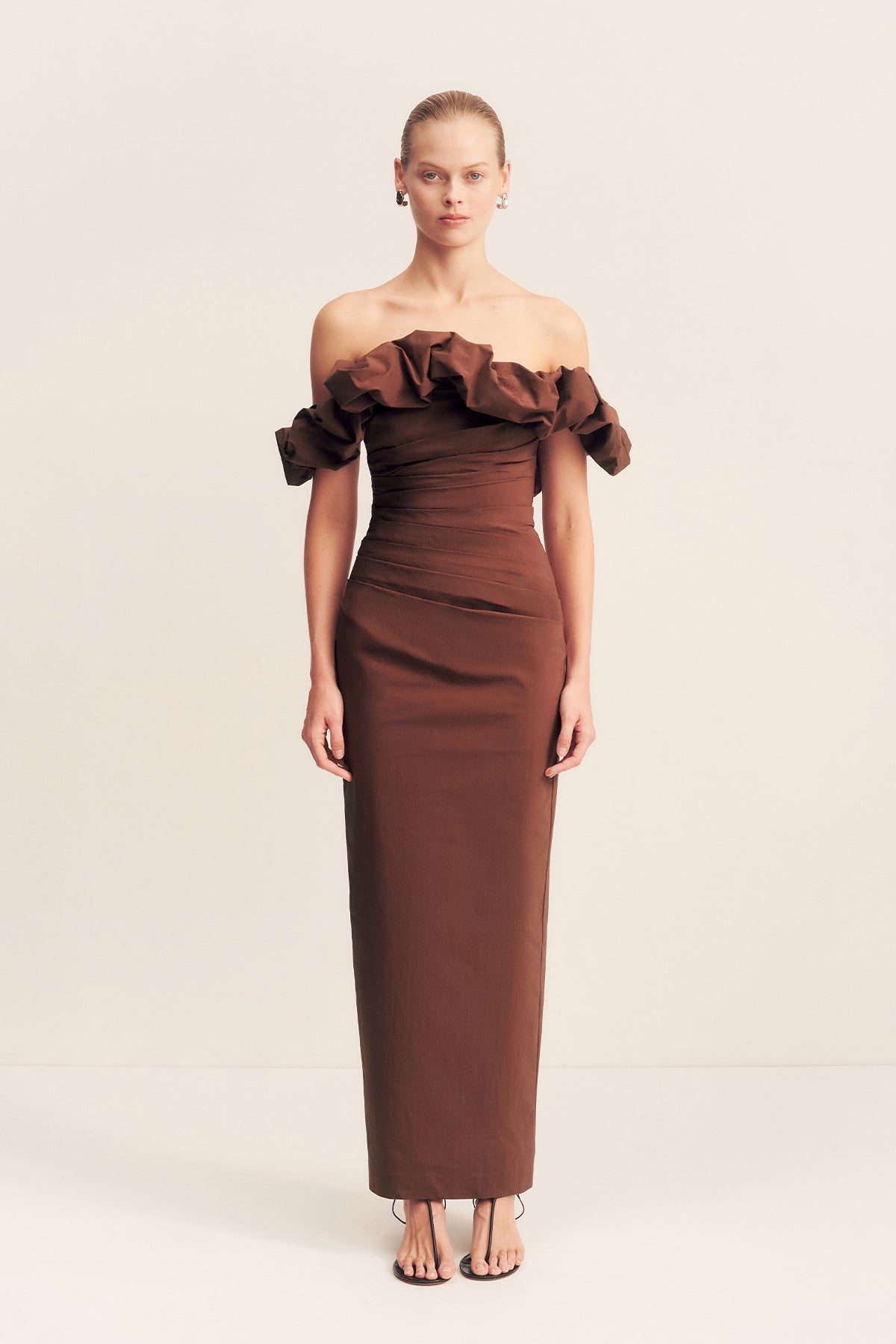 Campbell Ruffle Draped Maxi Dress | Espresso | Dresses | Shona Joy