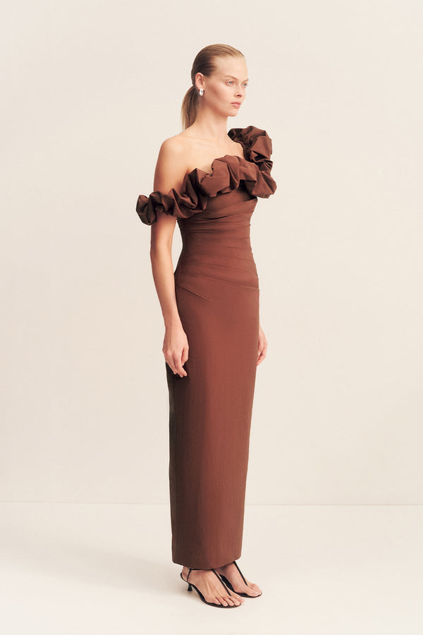 CAMPBELL RUFFLE DRAPED MAXI DRESS - ESPRESSO_A