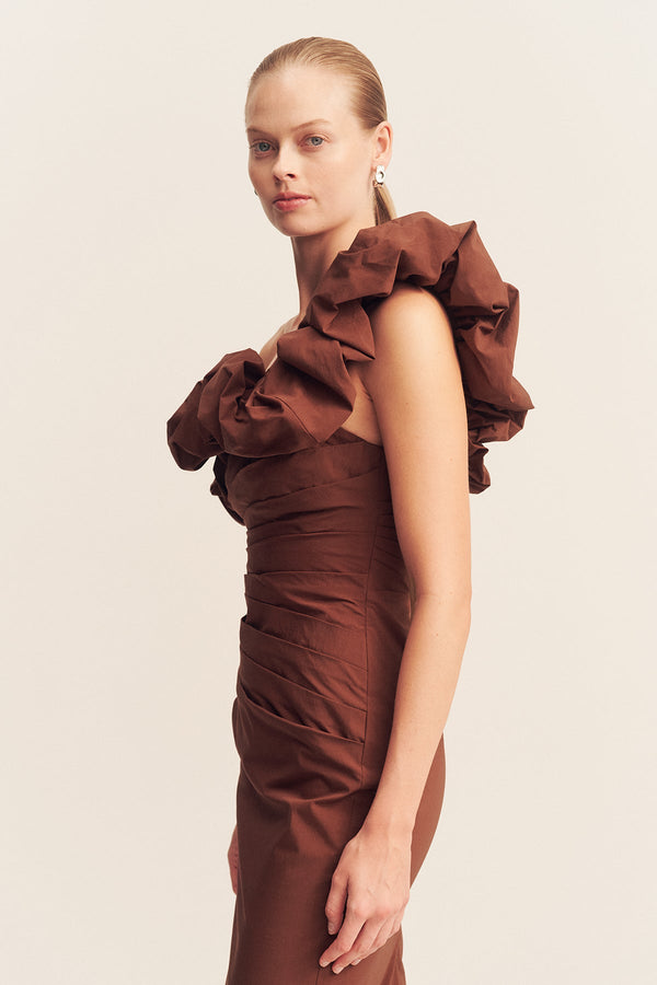 CAMPBELL RUFFLE DRAPED MAXI DRESS - ESPRESSO_D