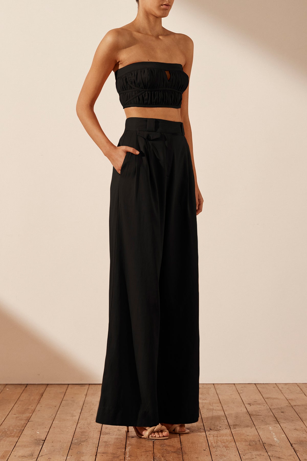 Black Cross Crop Top And Wide Leg Pants Set Back For Women Perfect