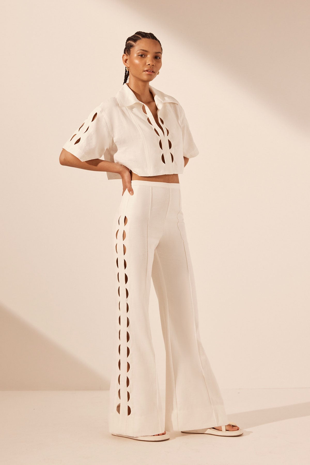 Julieta Scallop Cut Out Flared Pant | Cream | Pants | Shona Joy