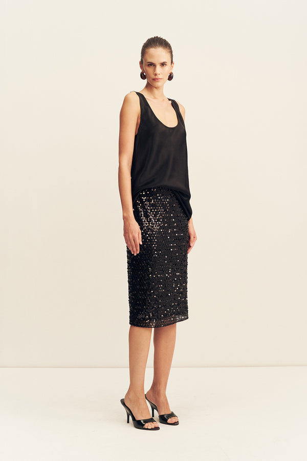 EVERLY SEQUIN MIDI SKIRT WITH DETACHABLE LINING- BLACK