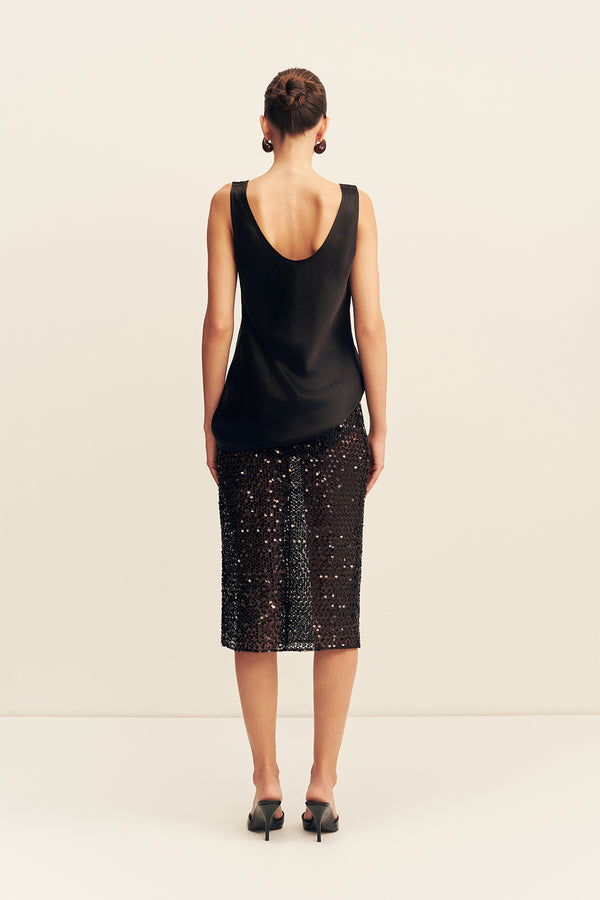 EVERLY SEQUIN MIDI SKIRT WITH DETACHABLE LINING- BLACK